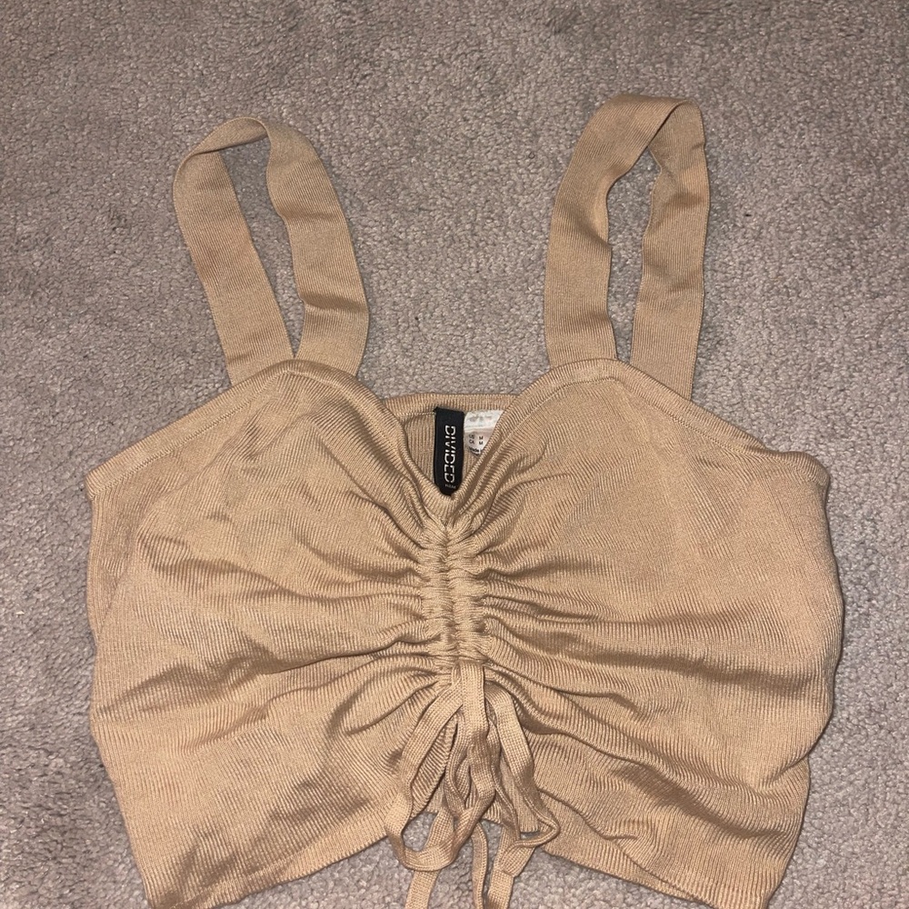 H&M Tan Ruched Tie Front Crop Tank Top